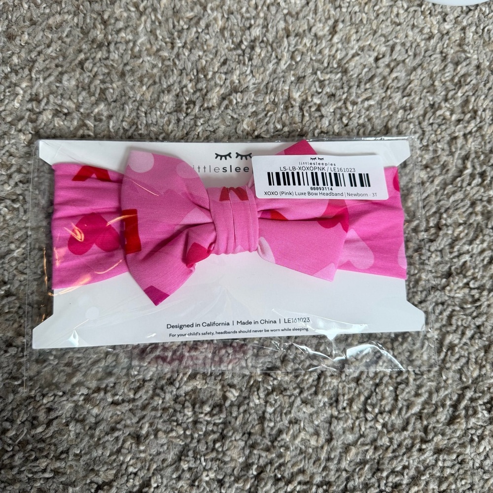 NWT Little Sleepies XOXO Pink and Red Heart Bow Headband Valentine’s Day